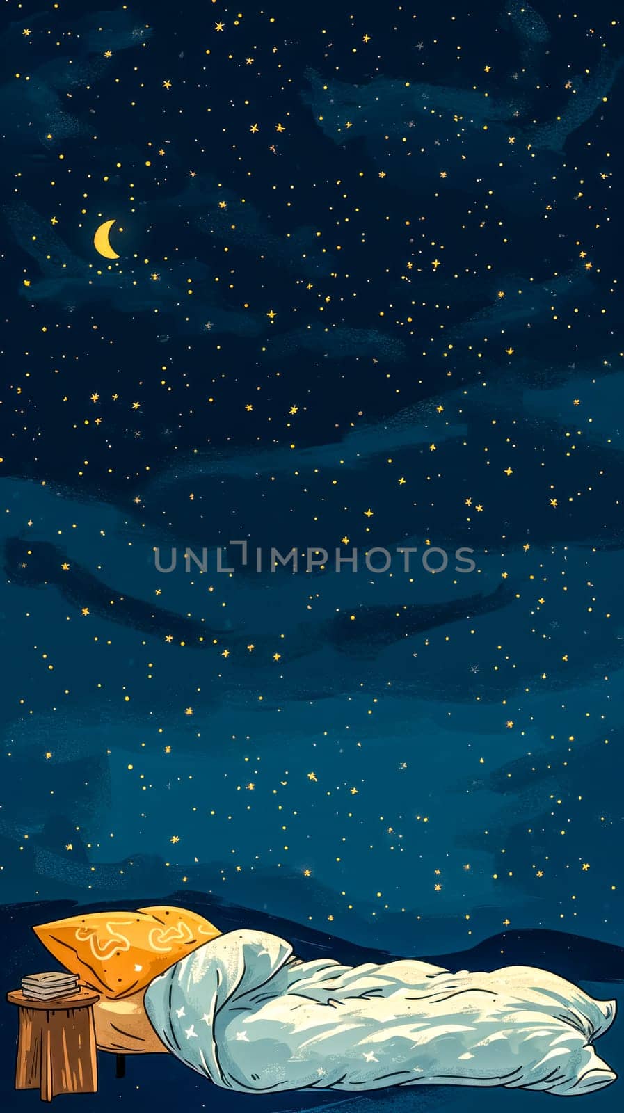 bed with a cozy blanket and pillow under a star-filled night sky, evoking the magic and tranquility of a peaceful night's sleep, vertical banner with copy space