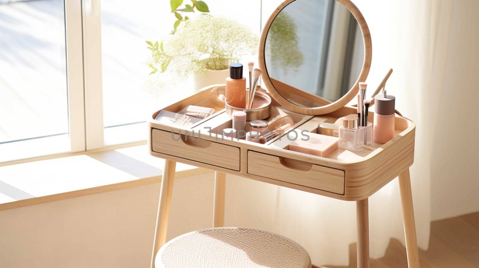 A stylish rattan wooden dressing table in sunlight, with the drawer ajar. Various beauty products , Generate AI by Mrsongrphc