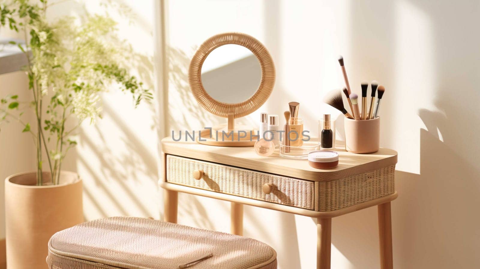 A stylish rattan wooden dressing table in sunlight, with the drawer ajar. Various beauty products , Generate AI by Mrsongrphc