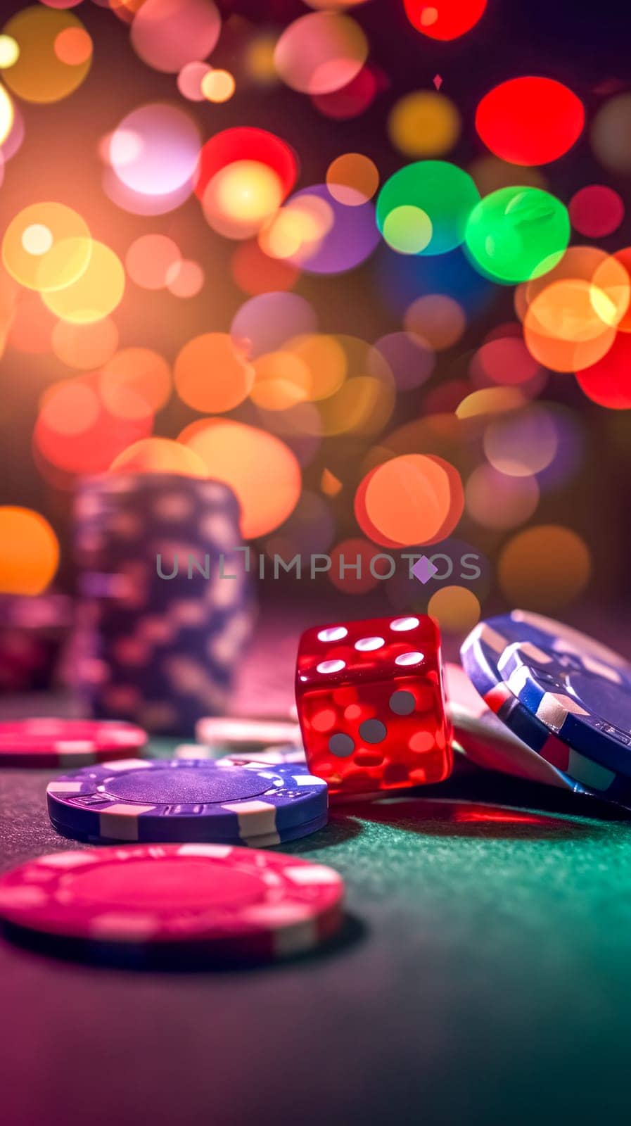 casino scene with a focus on red dice and gambling chips set against a colorful backdrop of bokeh lights, capturing the high-energy and chance elements of gaming by Edophoto