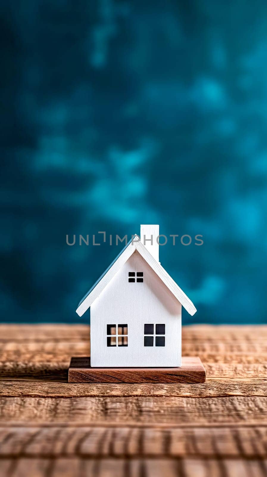real estate market, the dream of owning your own home, miniature model of a white house with a simple, classic design, placed on a wooden surface by Edophoto