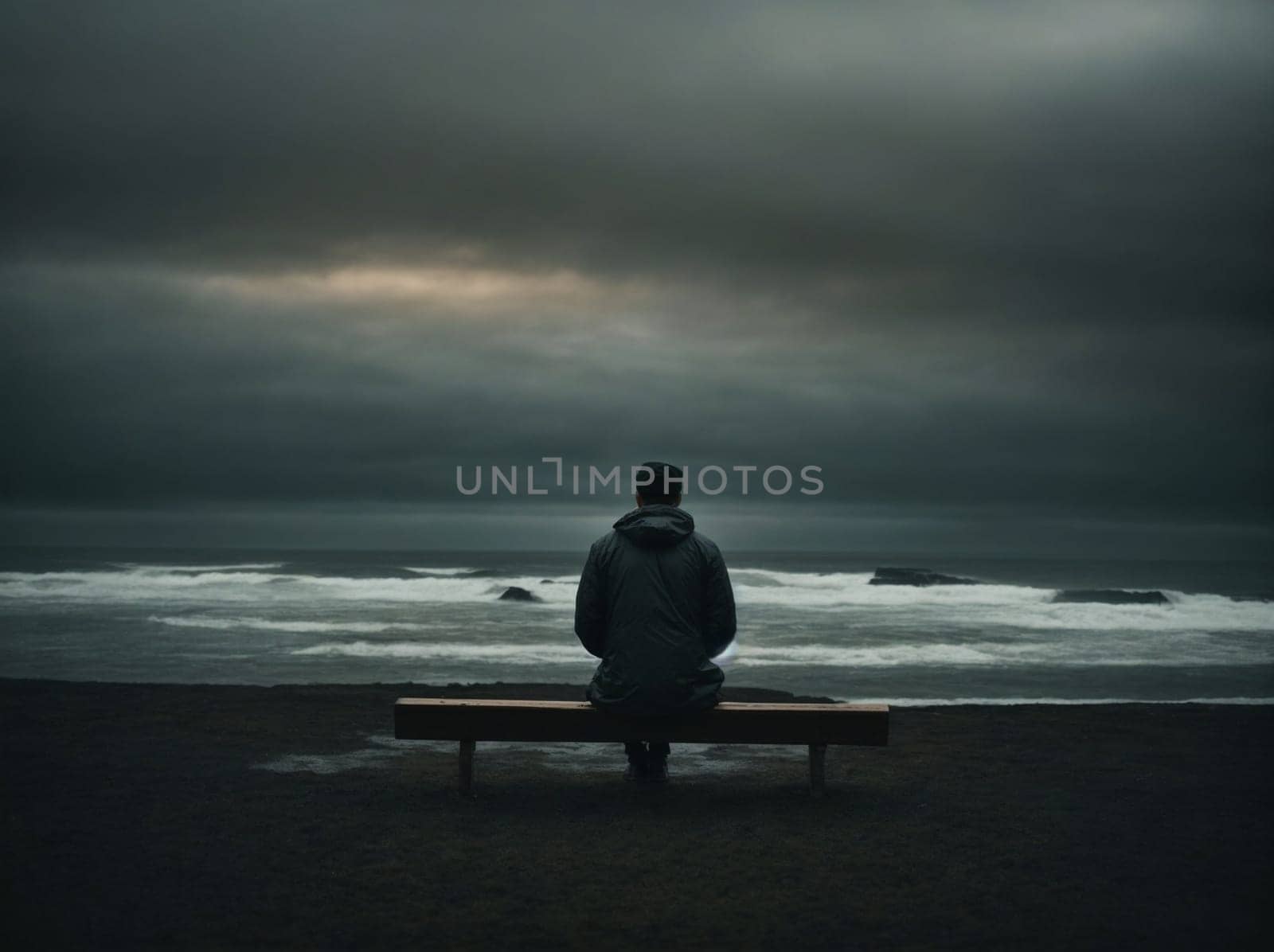 A man peacefully sits on a lonely bench, enjoying the serene view of the vast ocean.