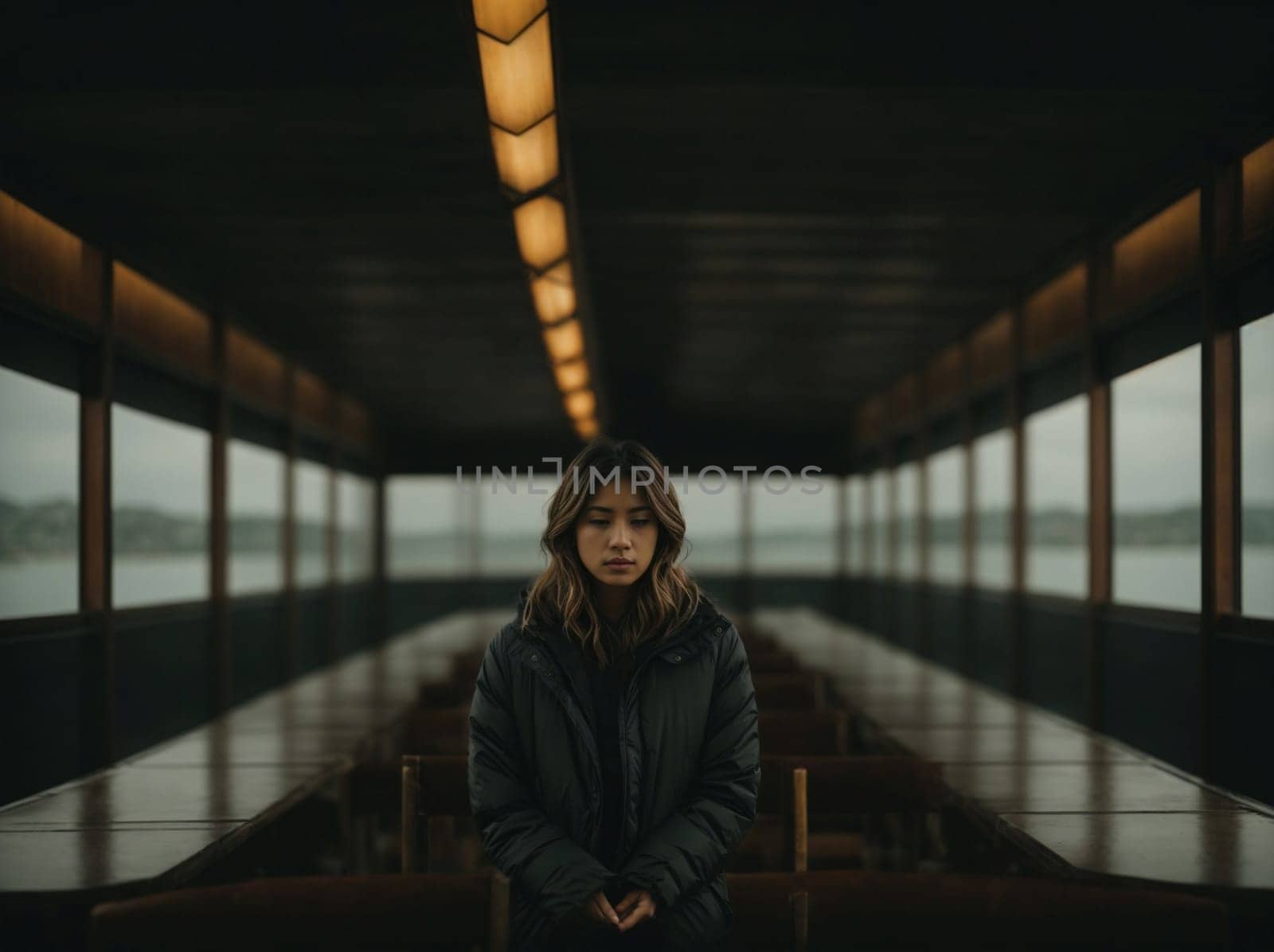 A woman stands in a hallway illuminated by bright lights, creating a welcoming and warm atmosphere.