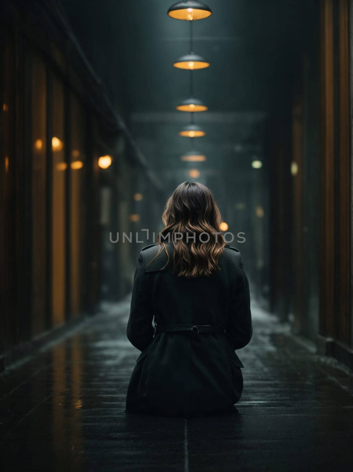 A woman sits silently in the dark hallway, waiting anxiously for someones arrival.