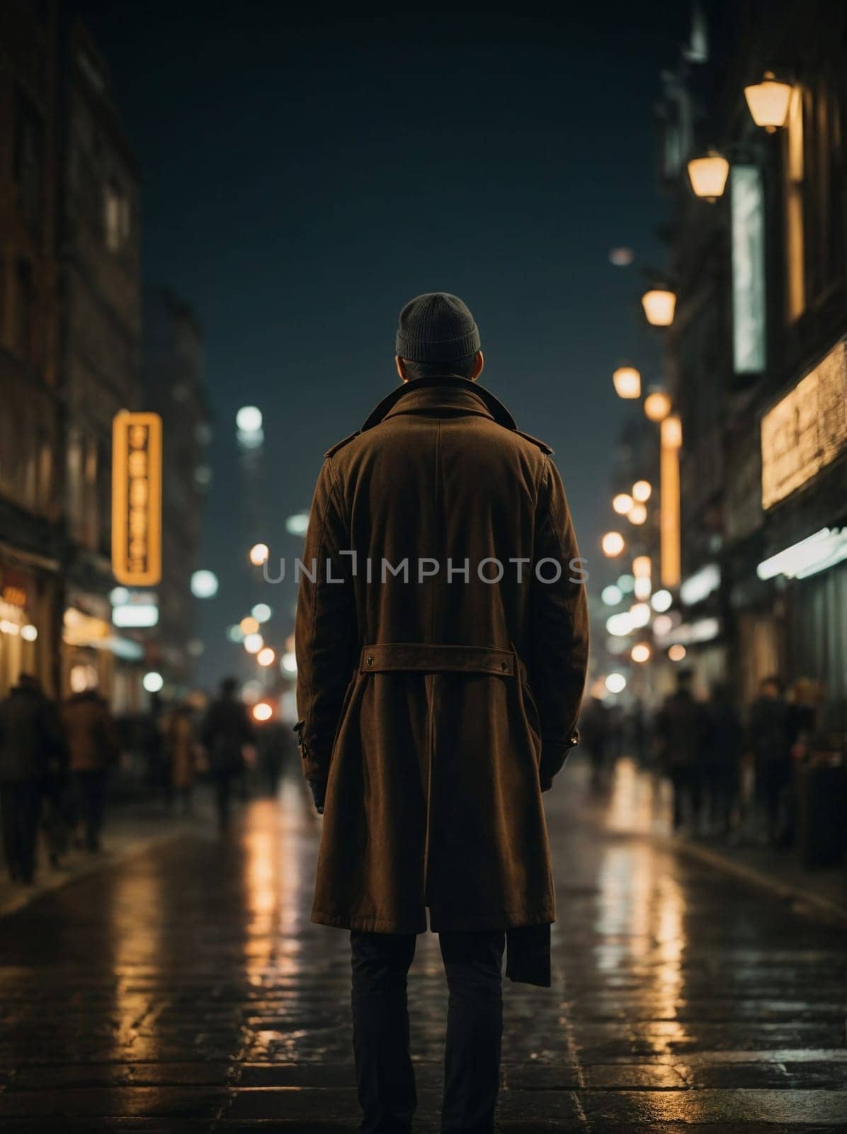 A man walks alone down a dimly lit city street, surrounded by tall buildings and the vibrant night atmosphere.