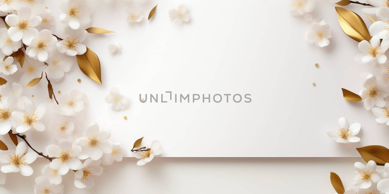Spring decorations background with beautiful white wild flowers. Copy space for text banner