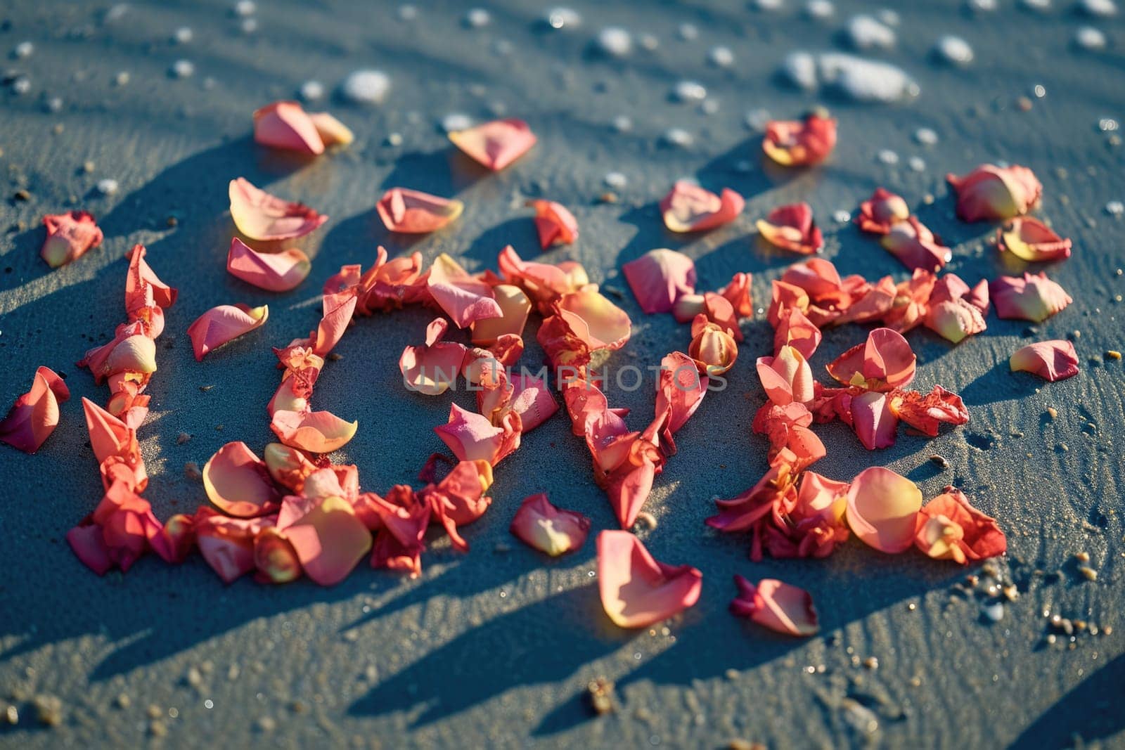 romantic beach of love rose petals on the coastline wide view pragma