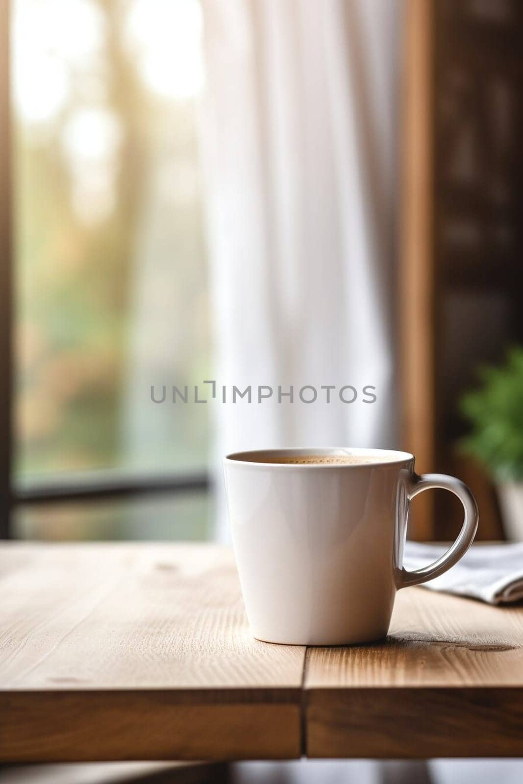 Latte, coffee or cappuccino mug on wooden table in a cafe, beautiful with natural light, vintage tones, food and drink. Copy space for text banner.