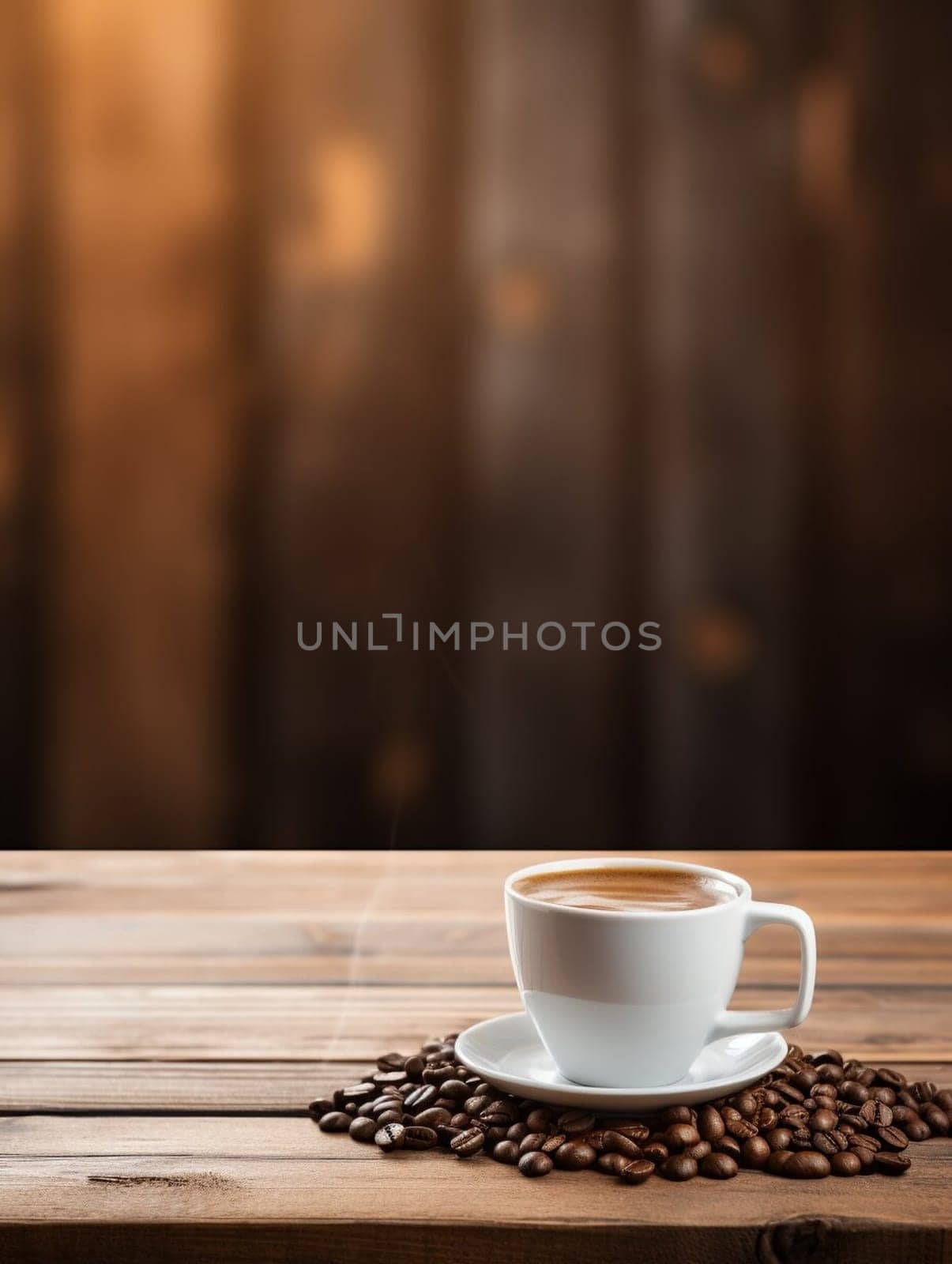 Latte, coffee or cappuccino mug on wooden table in a cafe, beautiful with natural light, vintage tones, food and drink. Copy space for text banner.