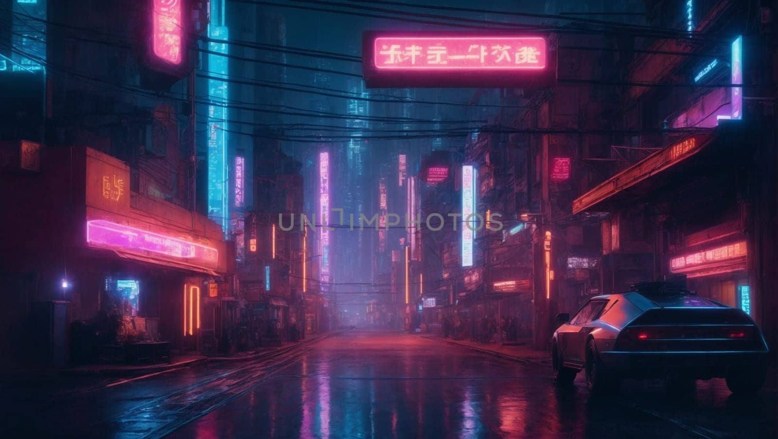 A car is parked on a city street illuminated by streetlights against a dark night sky.