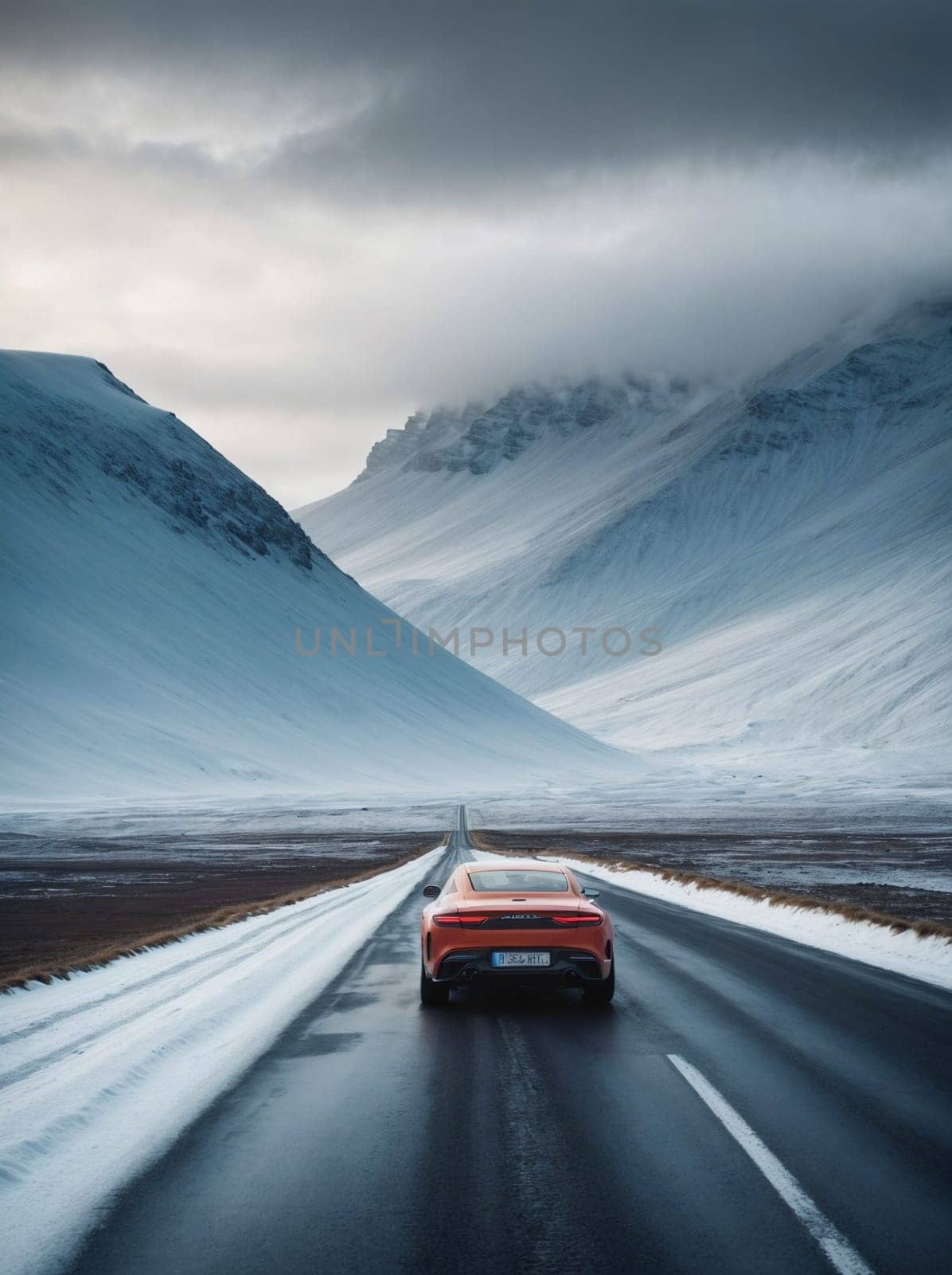 Red Car Driving Down Snowy Road in Winter Landscape. Generative AI. by artofphoto