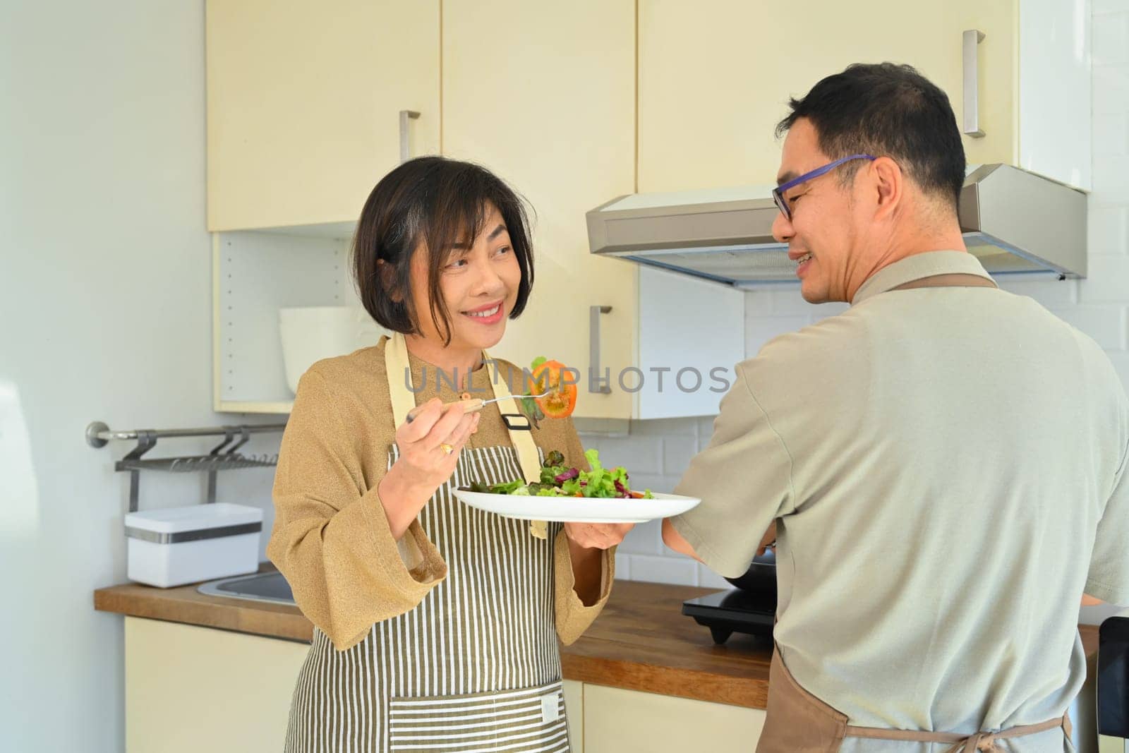 Happy Asian senior couple wearing aprons cooking together at home kitchen. Retirement lifestyle concept