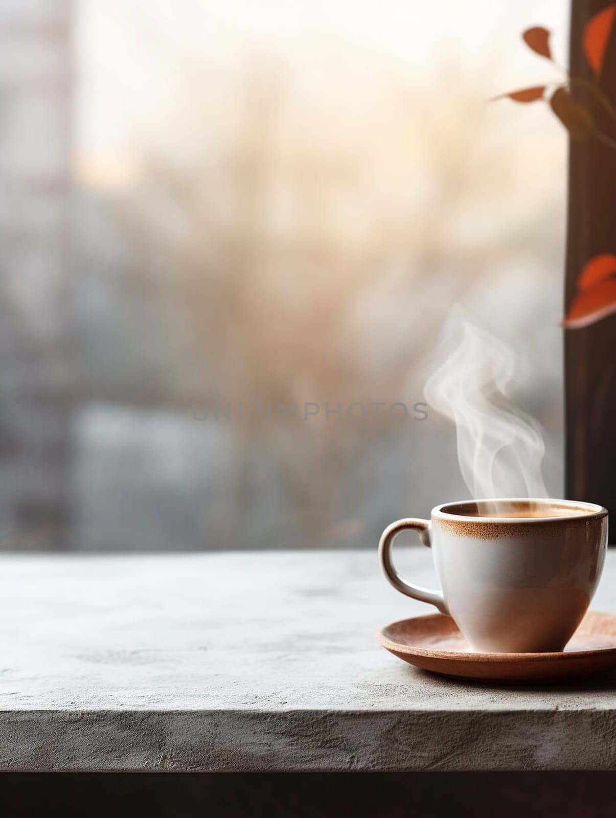 Latte, coffee or cappuccino mug on wooden table in a cafe, beautiful with natural light, vintage tones, food and drink. Copy space for text banner.