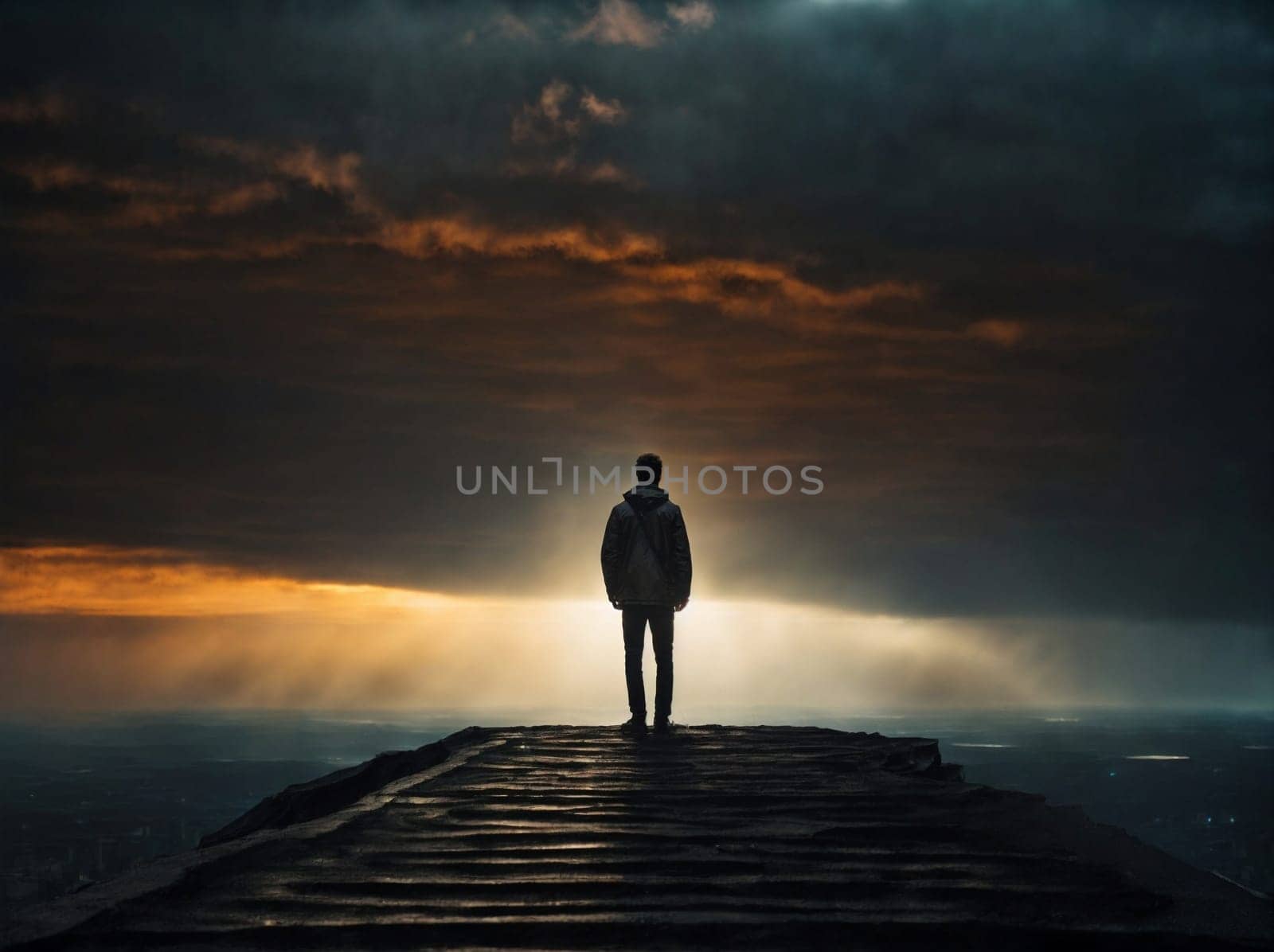 A man confidently stands on top of a sturdy pier as clouds fill the sky above.