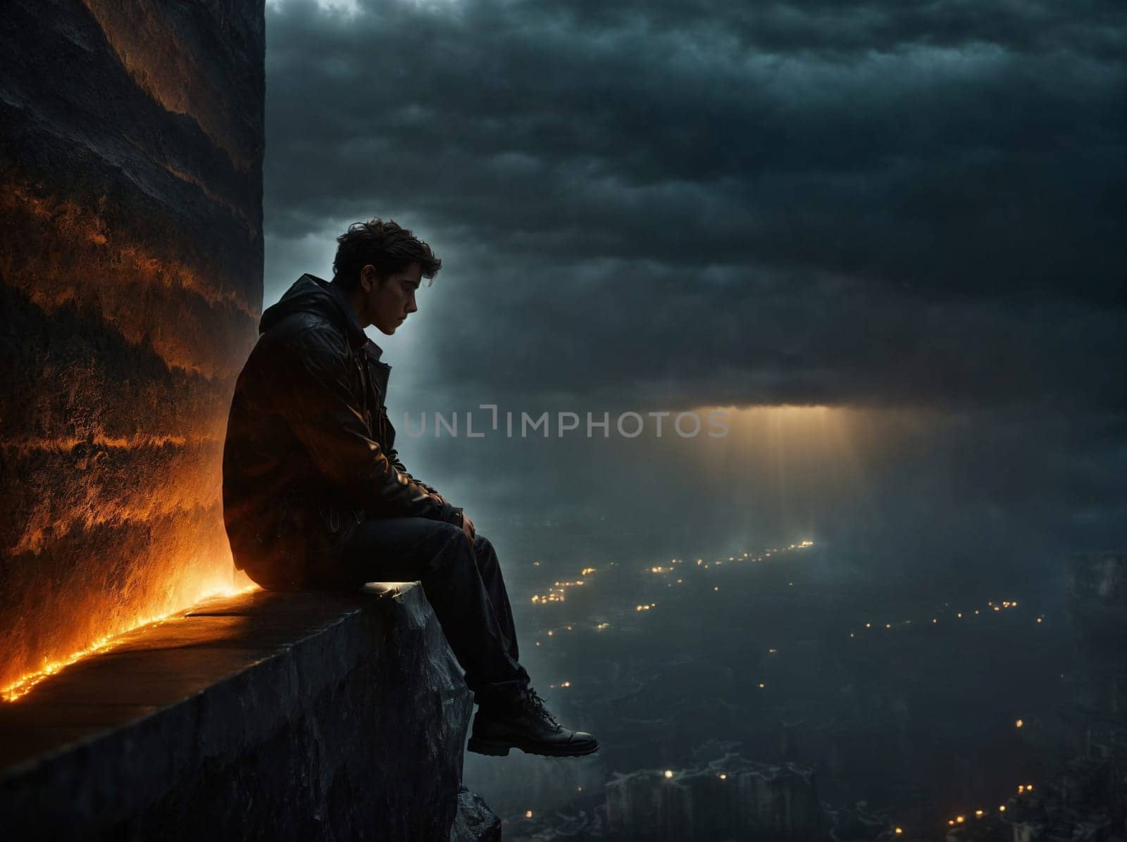 A man sits on top of a building next to a fire, creating an urban scene filled with danger and bravery.