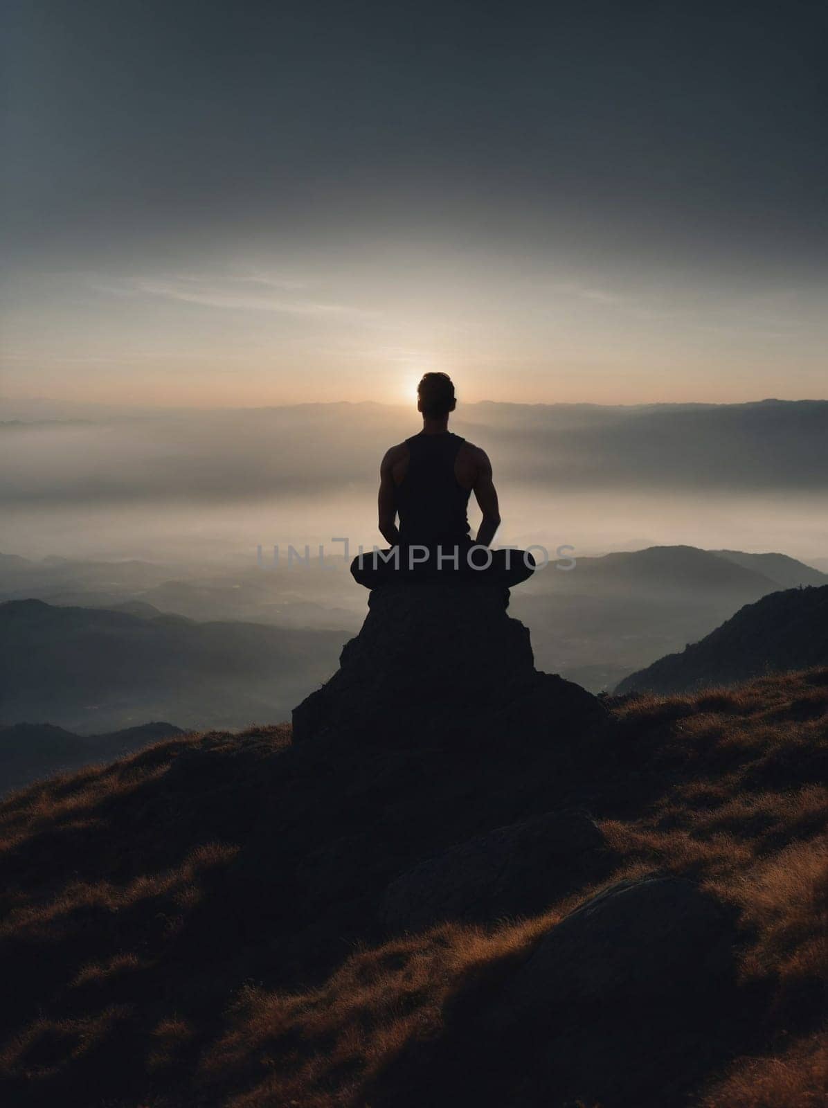 Man Sits on Mountain Summit, Sunset in Background. Generative AI. by artofphoto