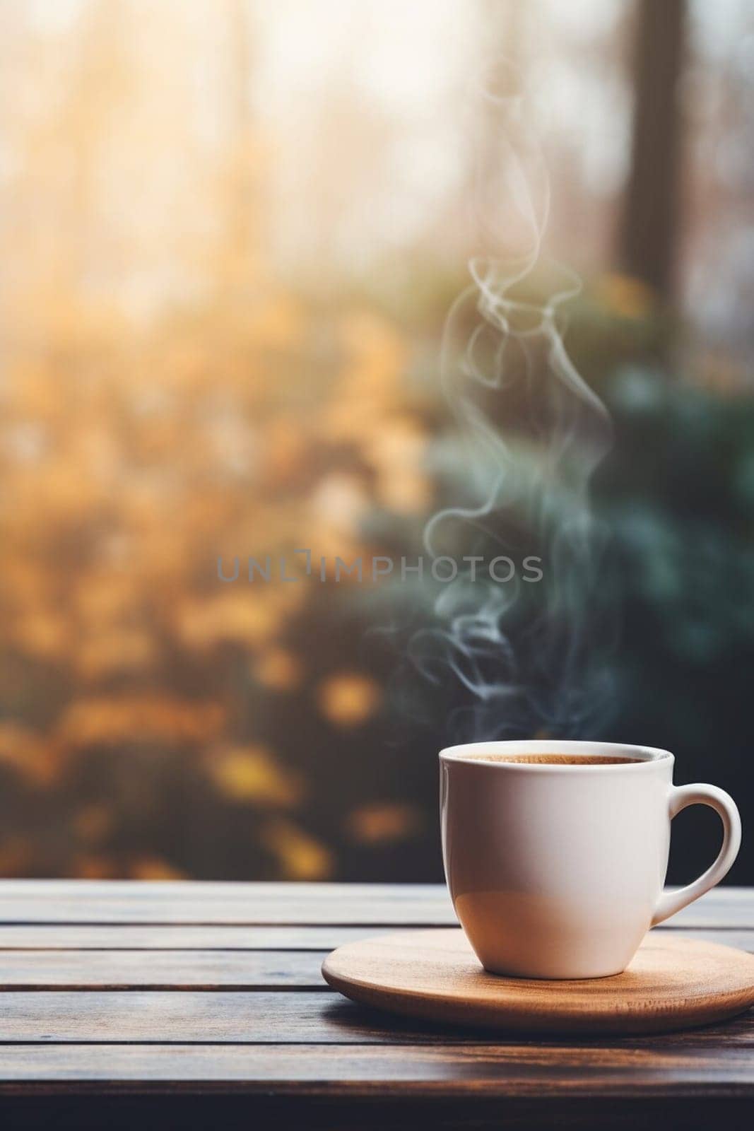 Latte, coffee or cappuccino mug on wooden table in a cafe, beautiful with natural light, vintage tones, food and drink. Copy space for text banner.