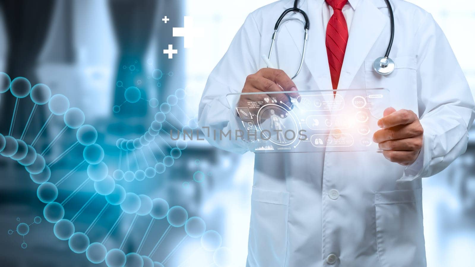 Doctor is using electronic pen touching screen for medical diagnostic analysis on modern virtual screen network connection. Medical technology concept.