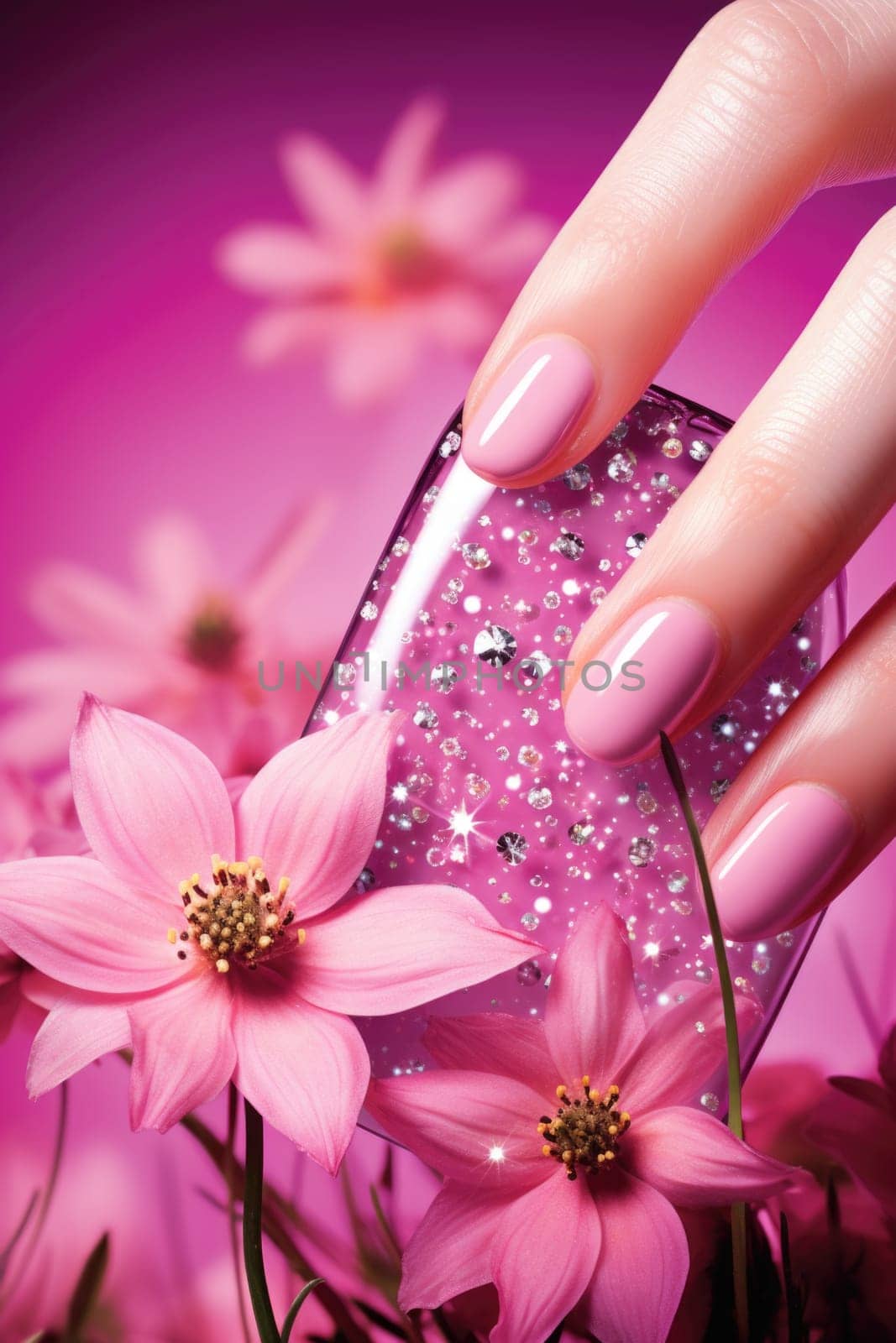 Beautiful woman's hand with pink manicure and pink flowers, AI by starush