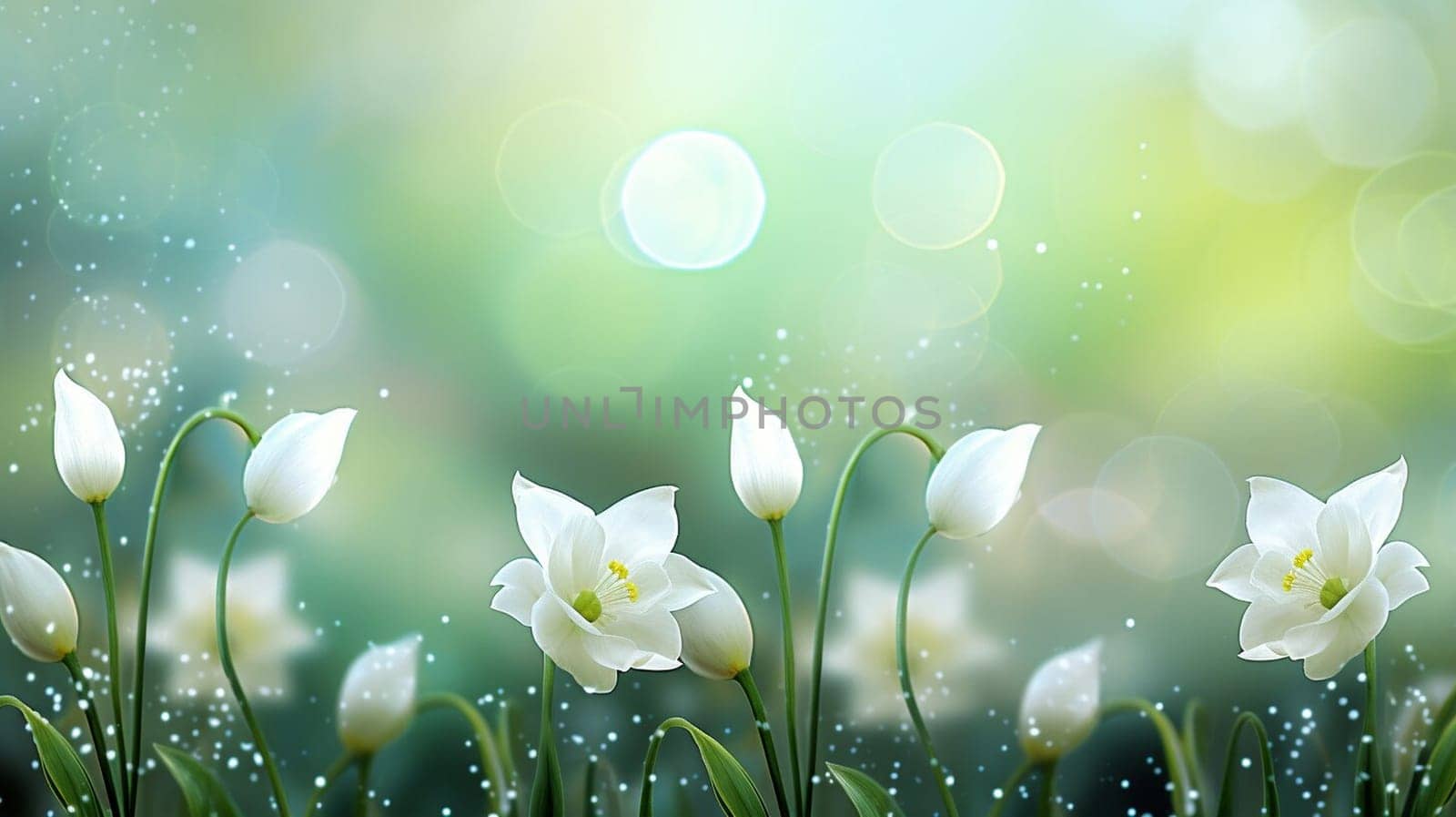 Green spring and summer background with beautiful white flowers.