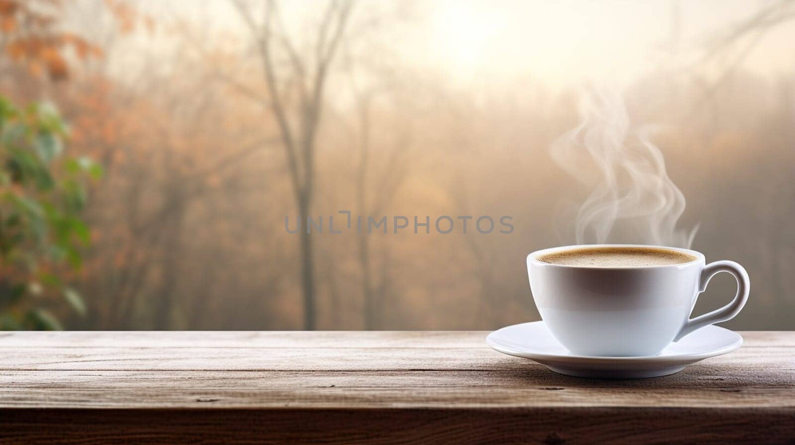 Latte, coffee or cappuccino mug on wooden table in a cafe, beautiful with natural light, vintage tones, food and drink. Copy space for text banner by sergeykoshkin