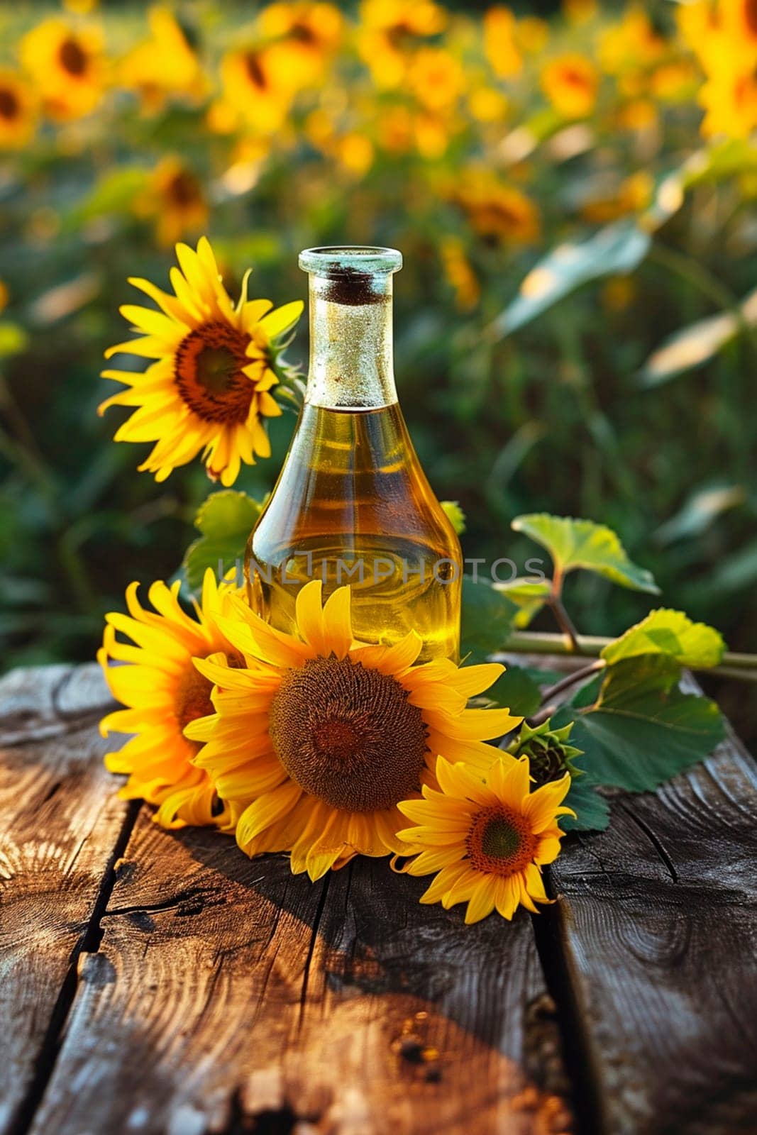 Sunflower oil on a table in the garden. Selective focus. by yanadjana