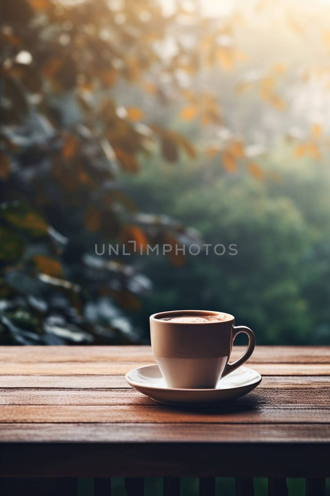 Latte, coffee or cappuccino mug on wooden table in a cafe, beautiful with natural light, vintage tones, food and drink. Copy space for text banner.