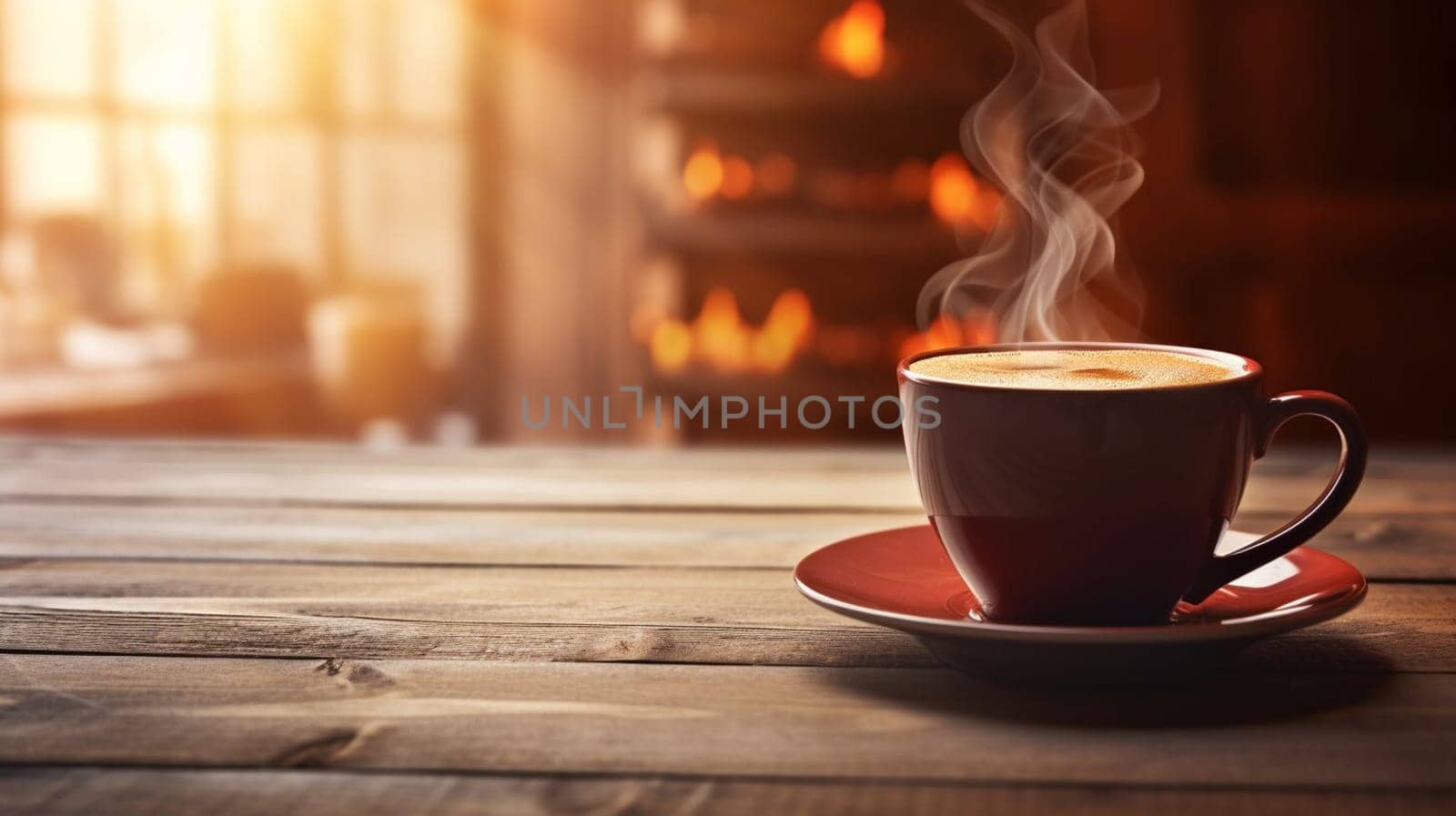 Latte, coffee or cappuccino mug on wooden table in a cafe, beautiful with natural light, vintage tones, food and drink. Copy space for text banner.