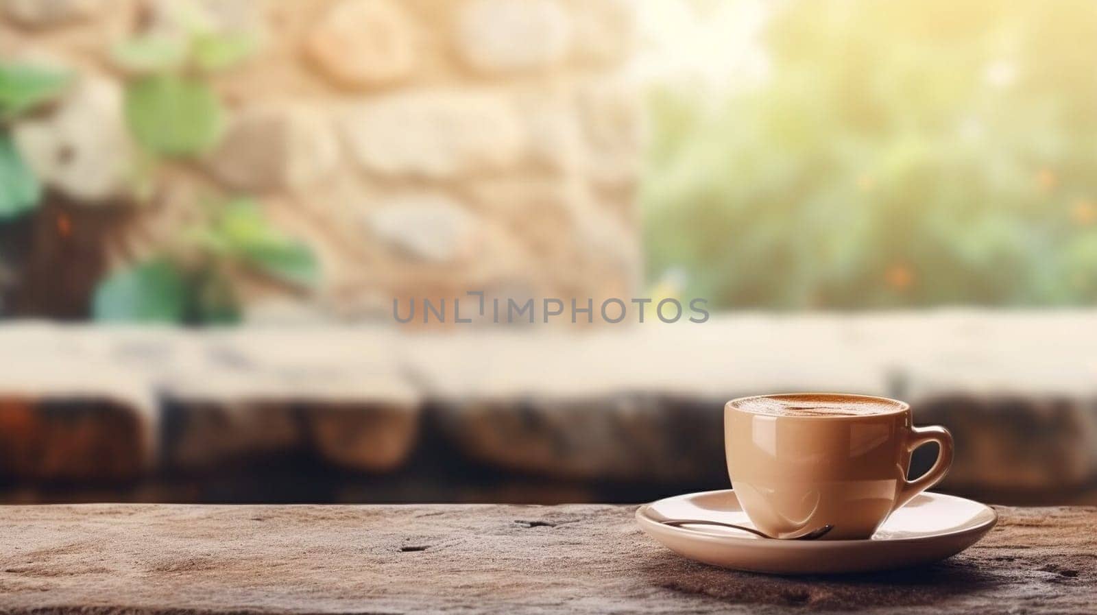 Latte, coffee or cappuccino mug on wooden table in a cafe, beautiful with natural light, vintage tones, food and drink. Copy space for text banner by sergeykoshkin