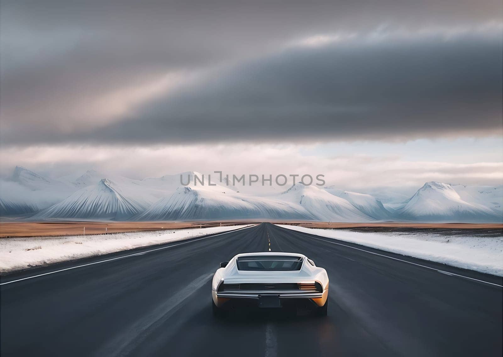A car drives down a road surrounded by majestic mountains.
