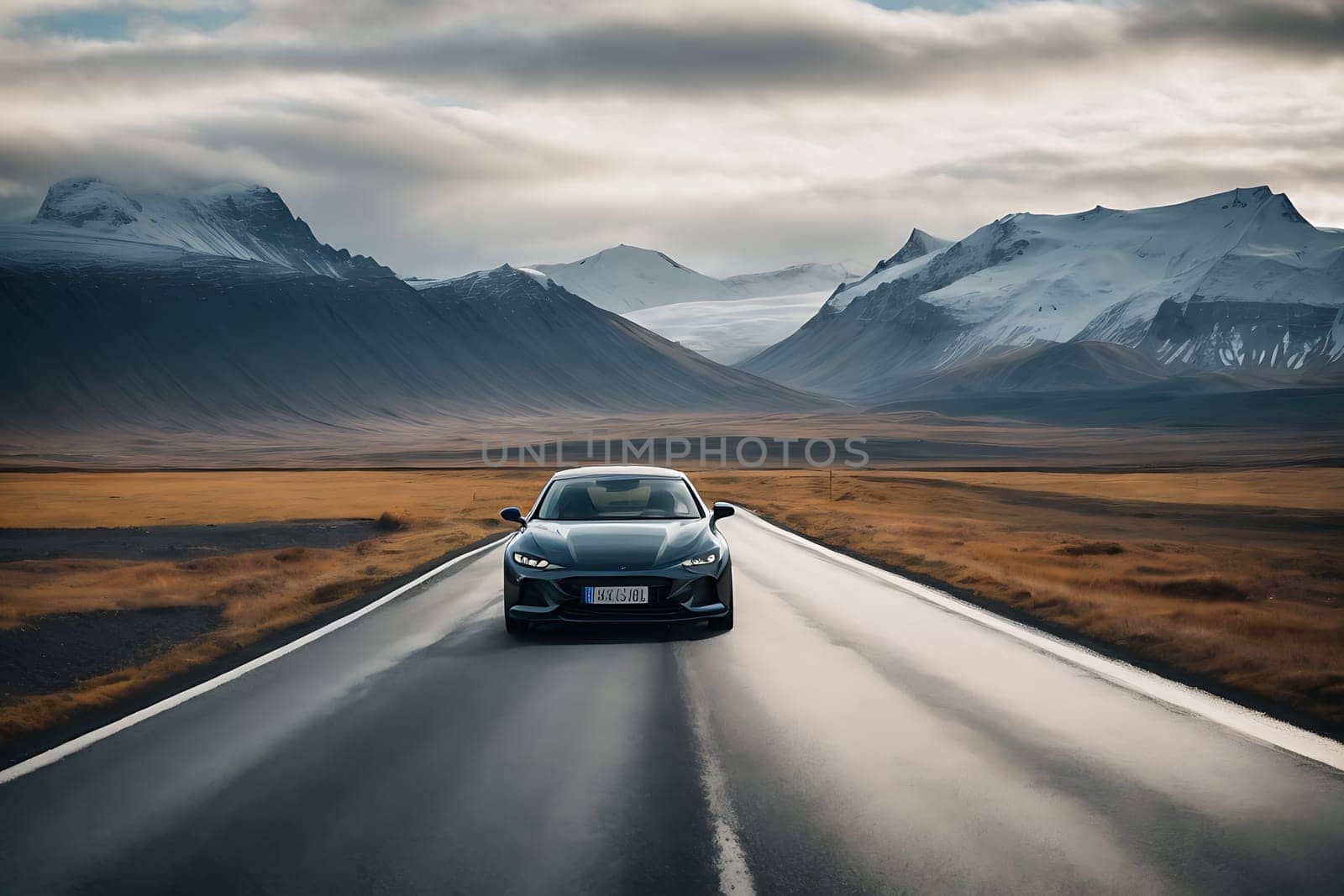 Car Driving on Road With Mountains in Background. Generative AI. by artofphoto