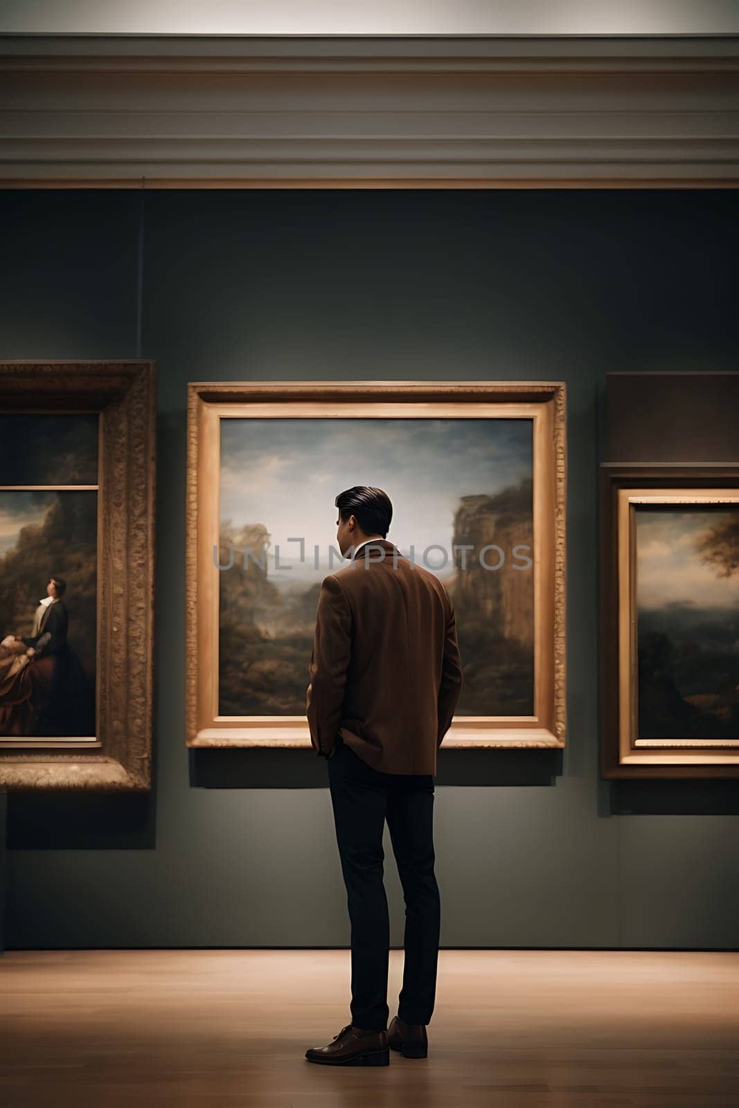 A man standing in a museum, examining a variety of paintings on display.