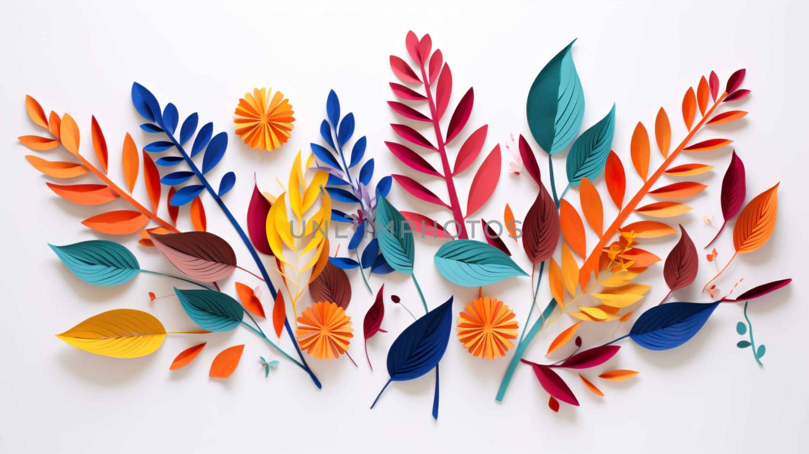 paper leaves, paper flowers, colorful wall decorations, white background , Generate AI