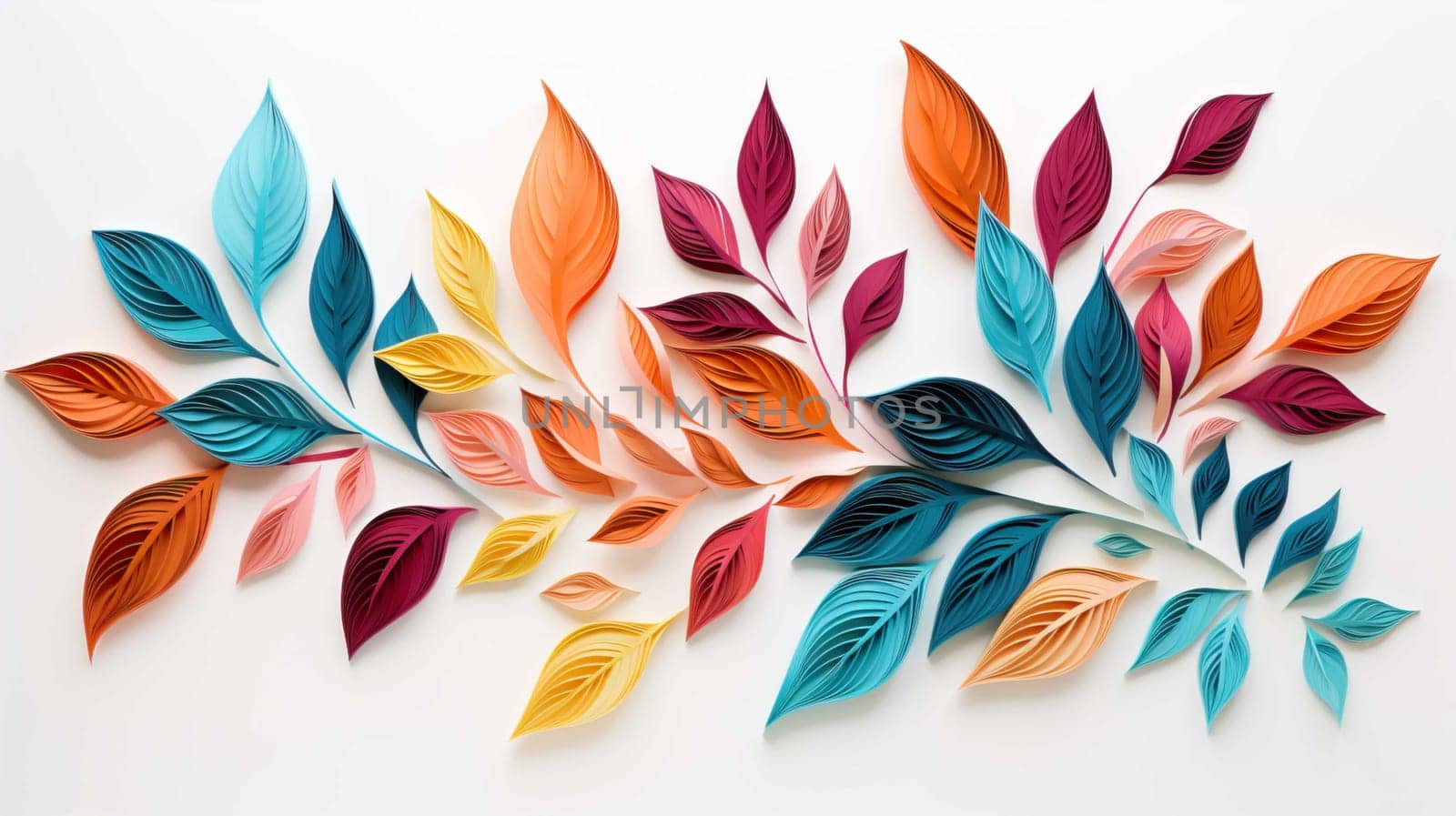 paper leaves, paper flowers, colorful wall decorations, white background , Generate AI