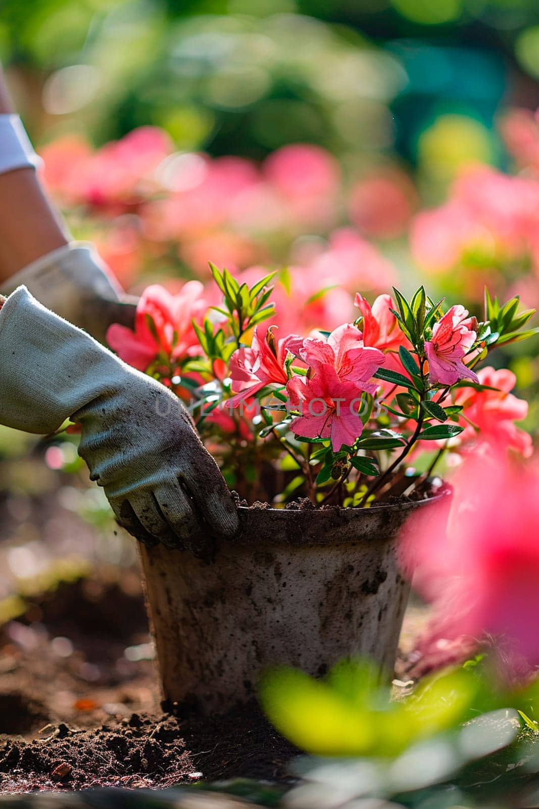 A gardener takes care of azaleas in the garden. Selective focus. by yanadjana