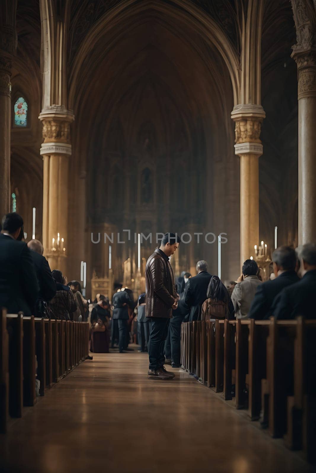 A man standing alone at the far end of the aisle in a church.