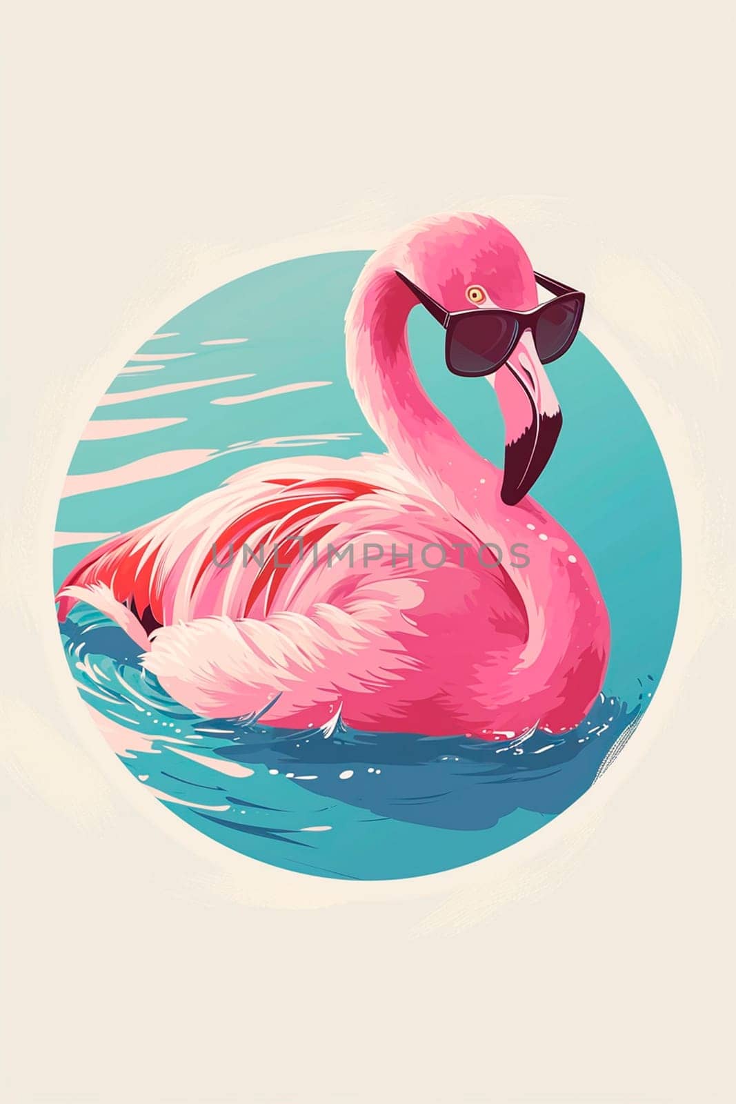 Pink flamingo with glasses drawing. Selective focus. Sea.