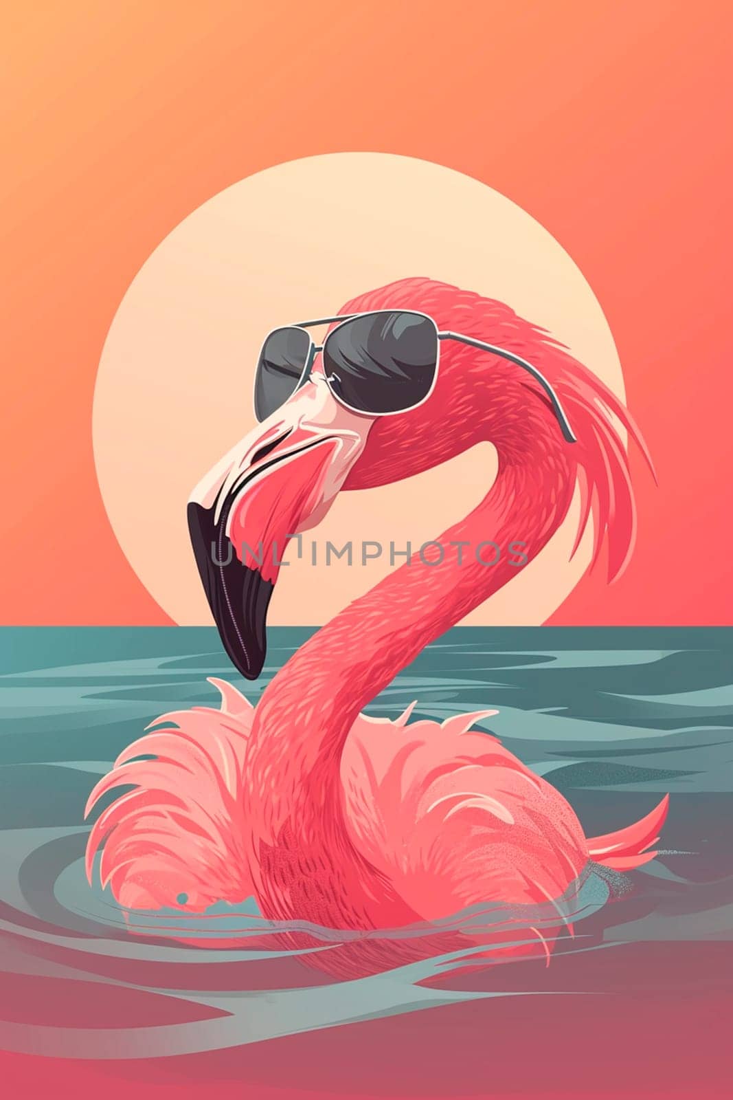 Pink flamingo with glasses drawing. Selective focus. Sea.