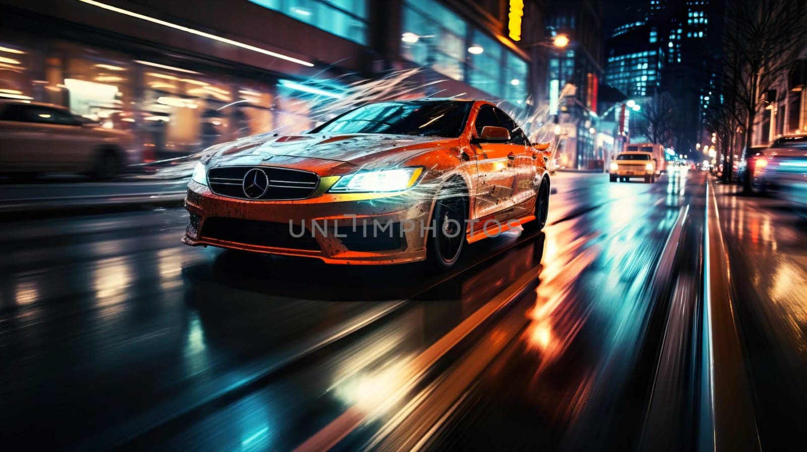 Night car driving downtown colorful on city streets , like colorful flashes, flash light  , Generate AI by Mrsongrphc