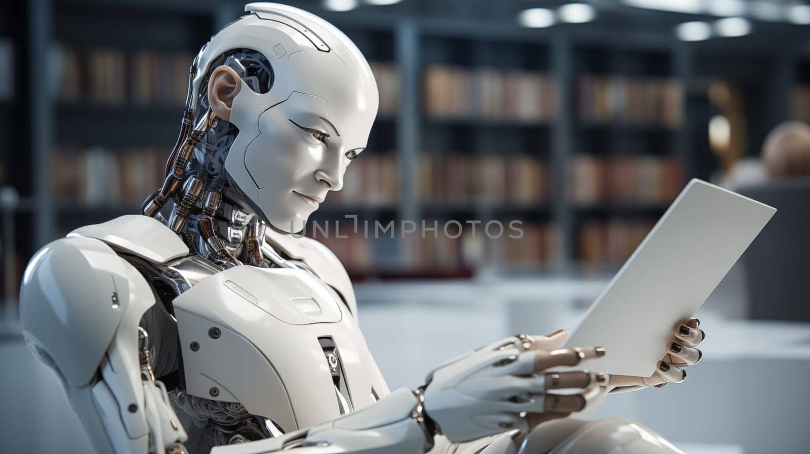 A robot with human-like facial features intently reads a document, showcasing a blend of advanced AI and human traits.