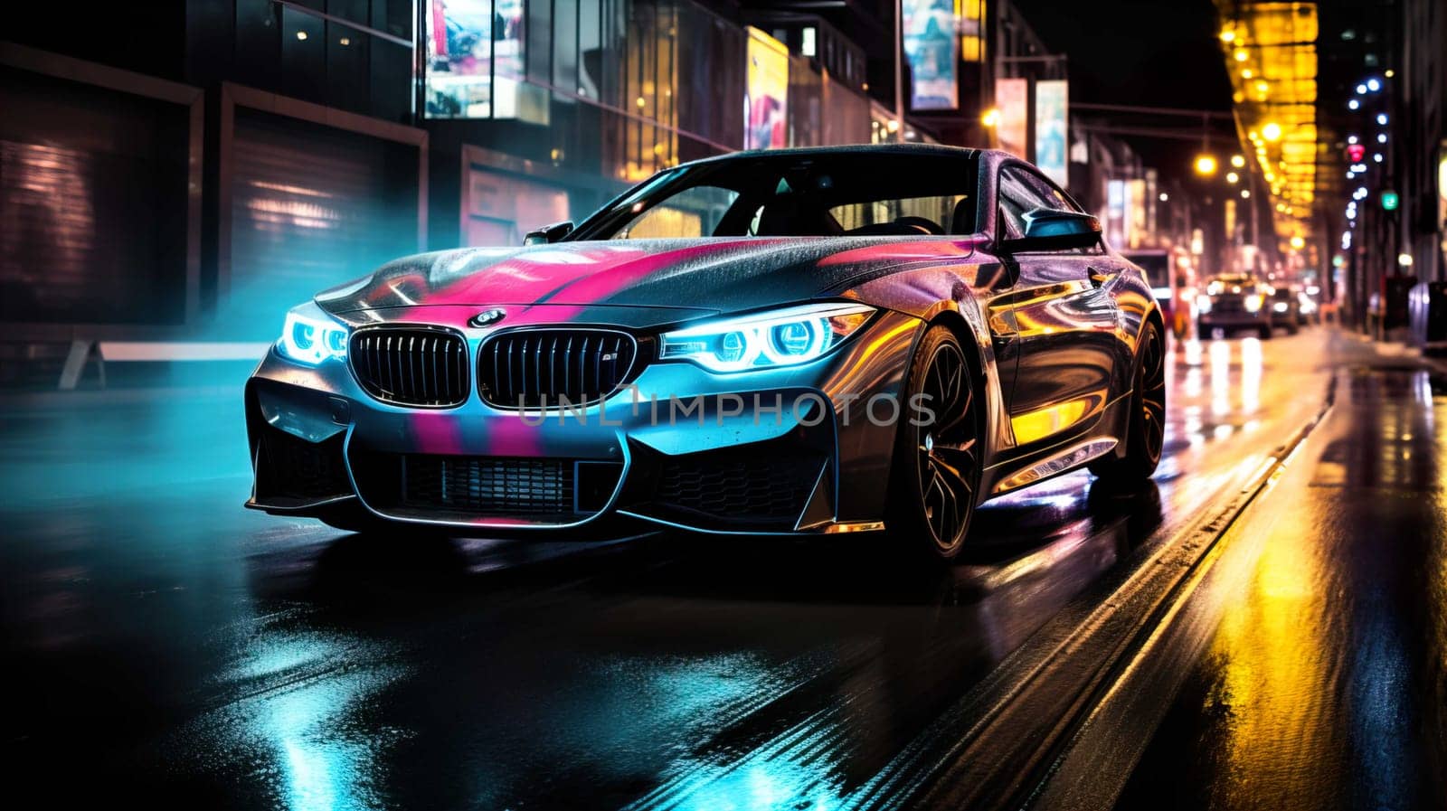 Night car driving downtown colorful on city streets , like colorful flashes, flash light  , Generate AI