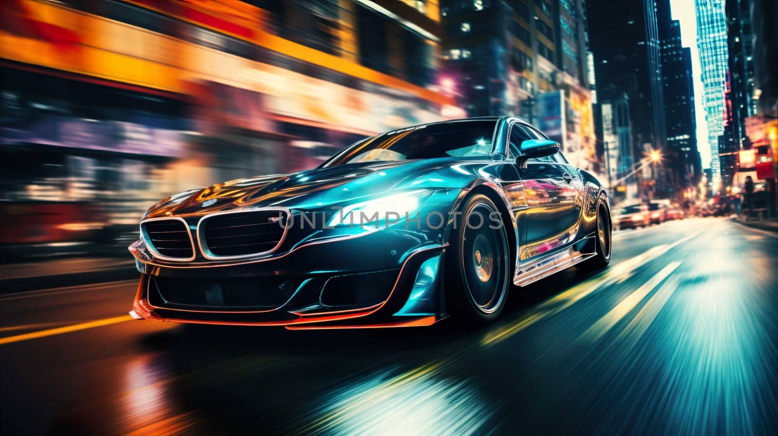 Night car driving downtown colorful on city streets , like colorful flashes, flash light  , Generate AI