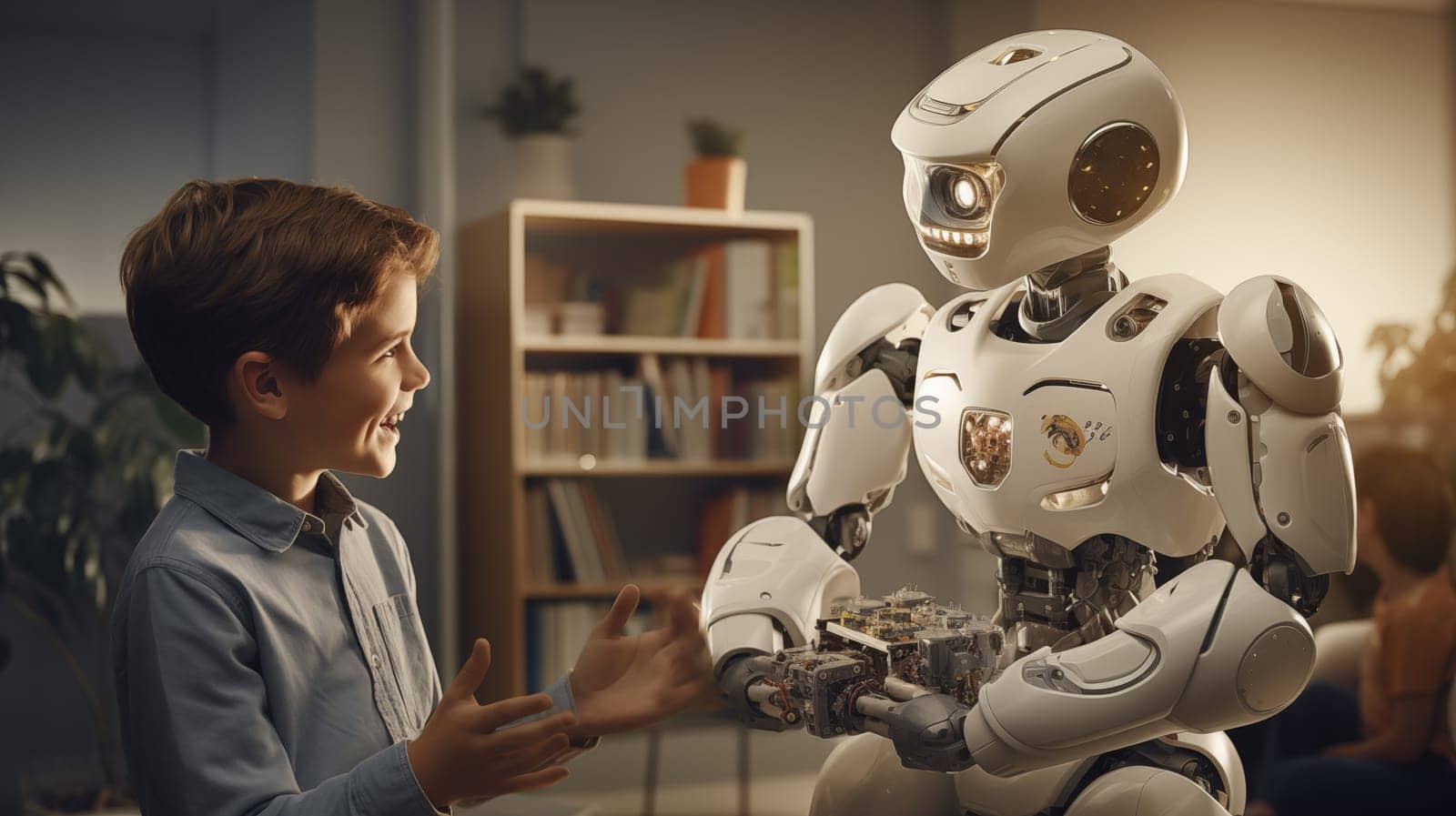 A young boy with a joyous expression communicates with a white educational robot by Zakharova