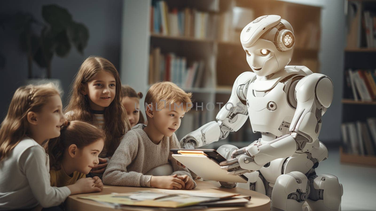A humanoid robot interacts with a group of fascinated children, illustrating modern education and technology in a classroom setting.