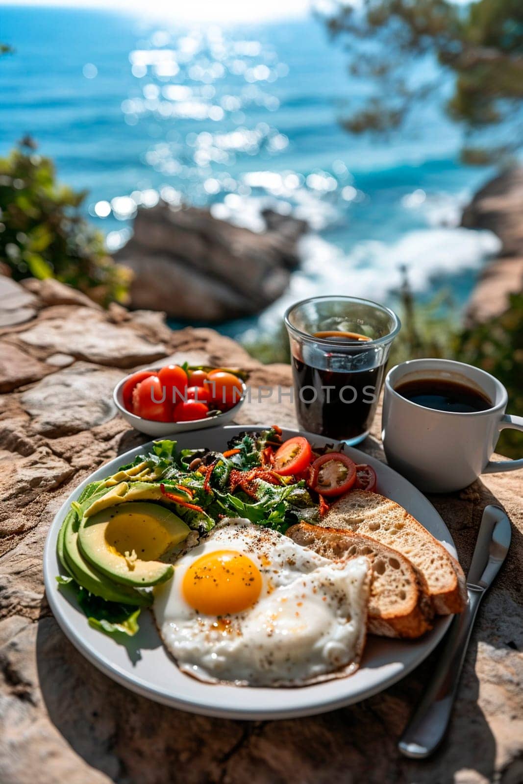 Breakfast avocado eggs and coffee by the sea. Selective focus. Food.