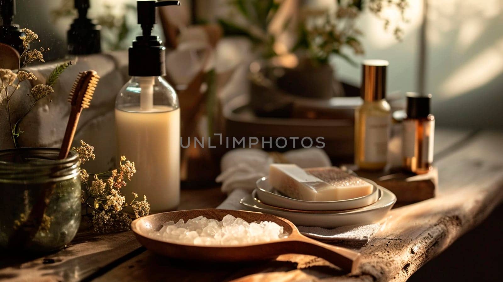 Spa products in the bathroom. Selective focus. Nature.