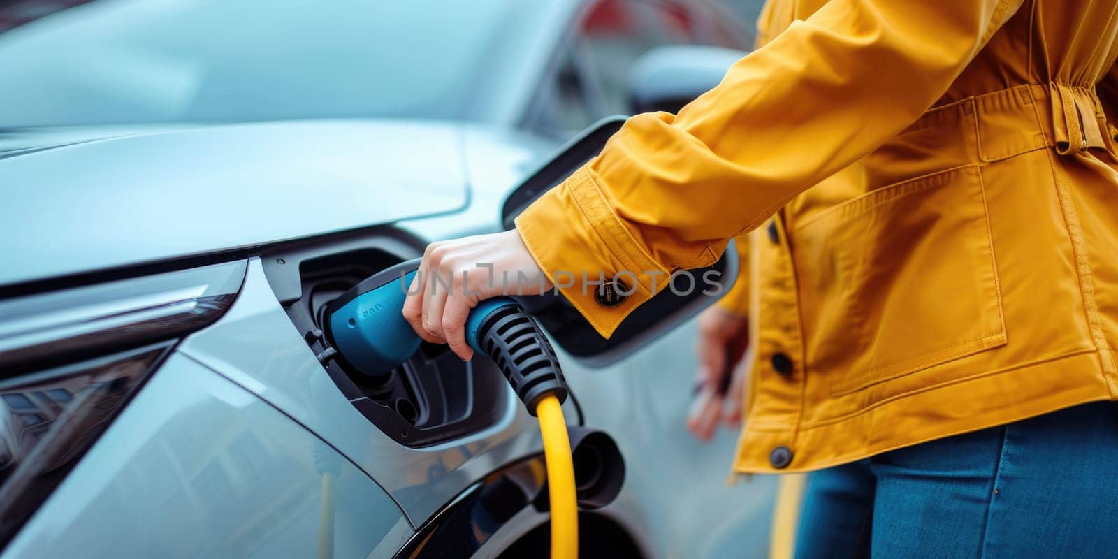 Young woman plugs charging gun in her electric car while standing comeliness
