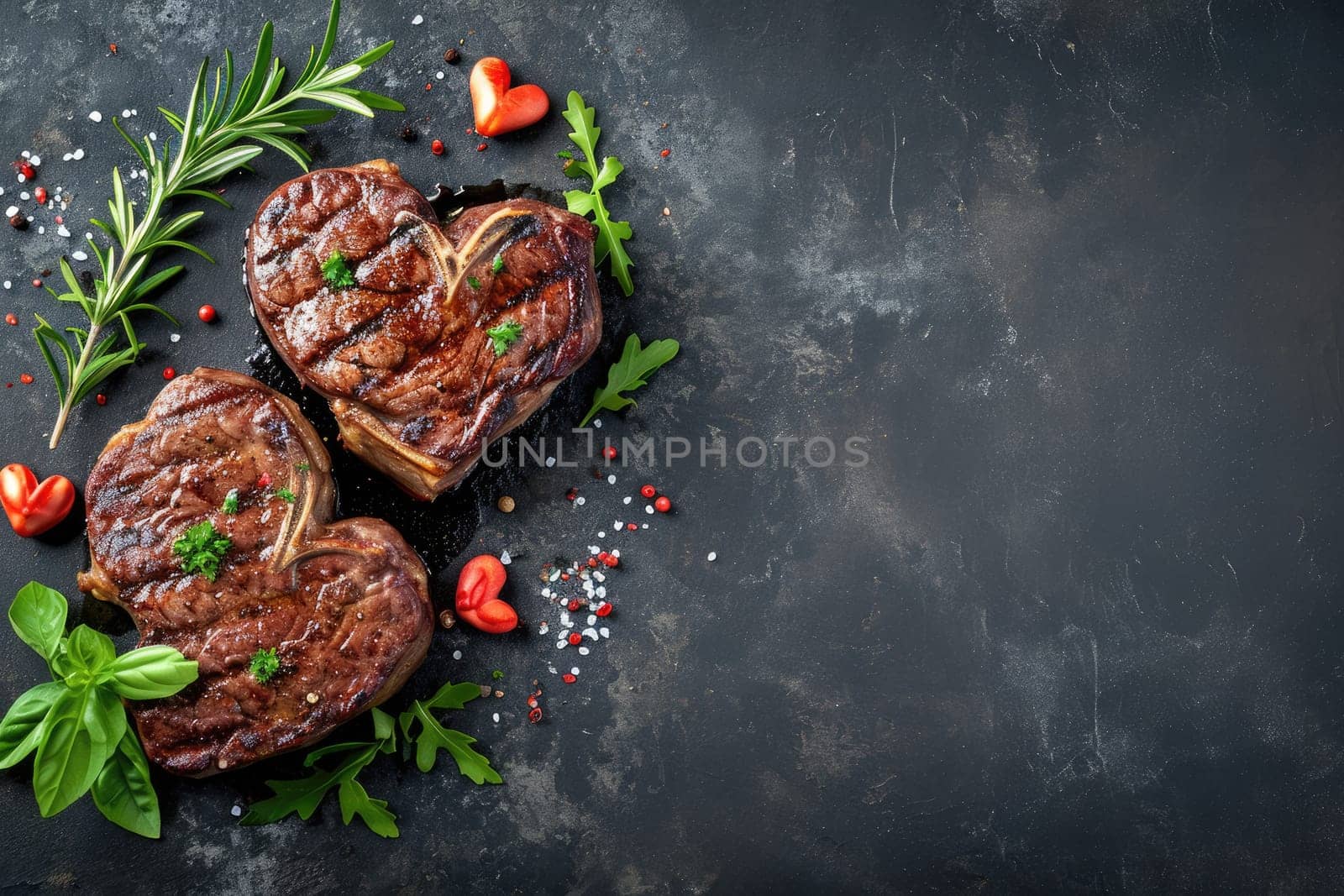 grilled beef steak for valentines day pragma in black background