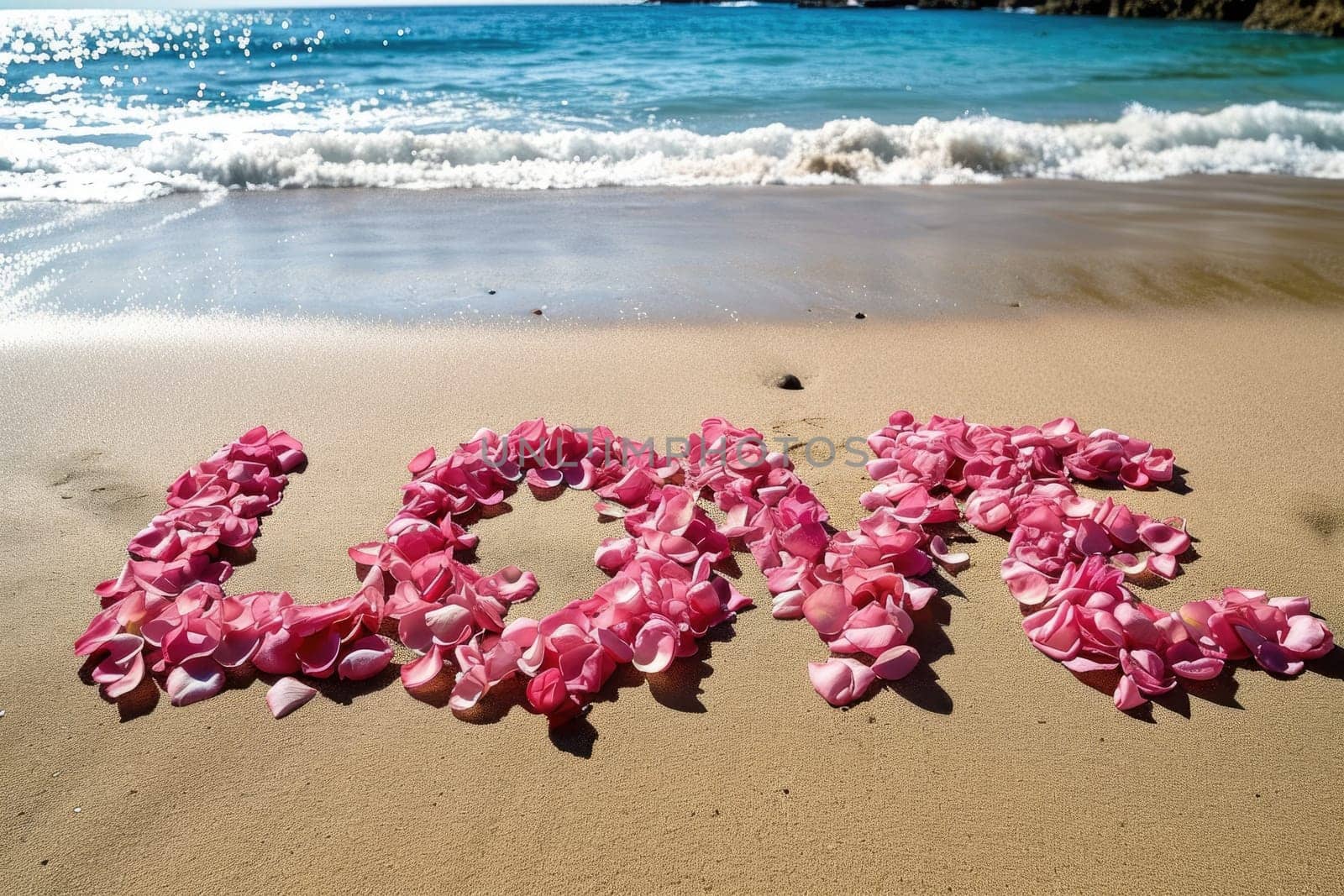 romantic beach of love rose petals on the wide coastline pragma by biancoblue