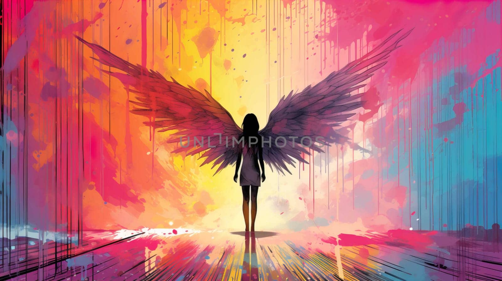 Teenage girl standing against angel wings graffiti on pink wall , Generate AI